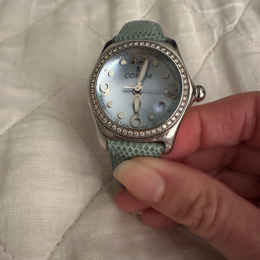 Corum Blue Leather Strap Bubble Watch with diamonds